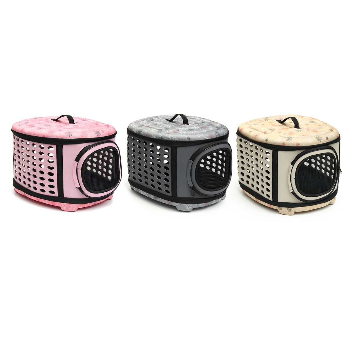 Three foldable pet carrier handbags in pink, gray, and beige with perforated sides