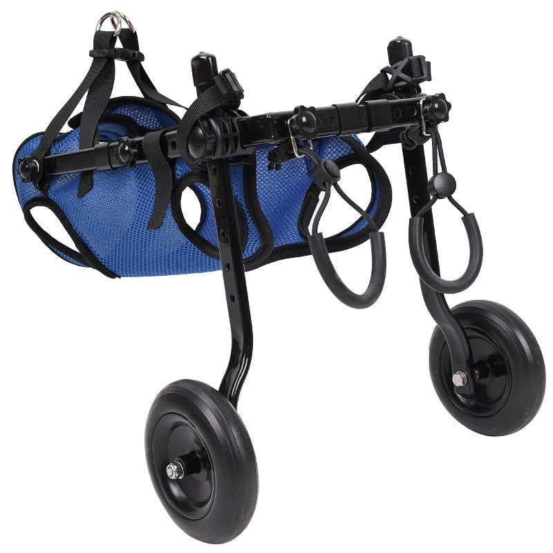 Blue dog wheelchair stroller with chest harness, padded mesh back, and four wheels.