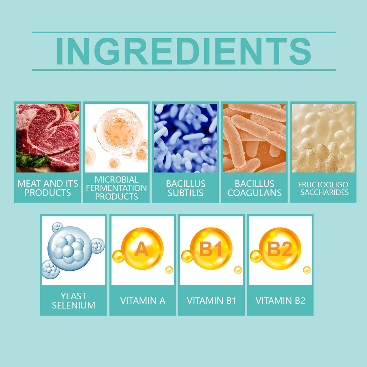 Ingredients chart for cat supplement tablets with labeled tiles and food icons