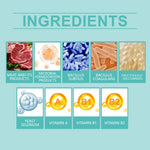 Ingredients chart for cat supplement tablets with labeled tiles and food icons