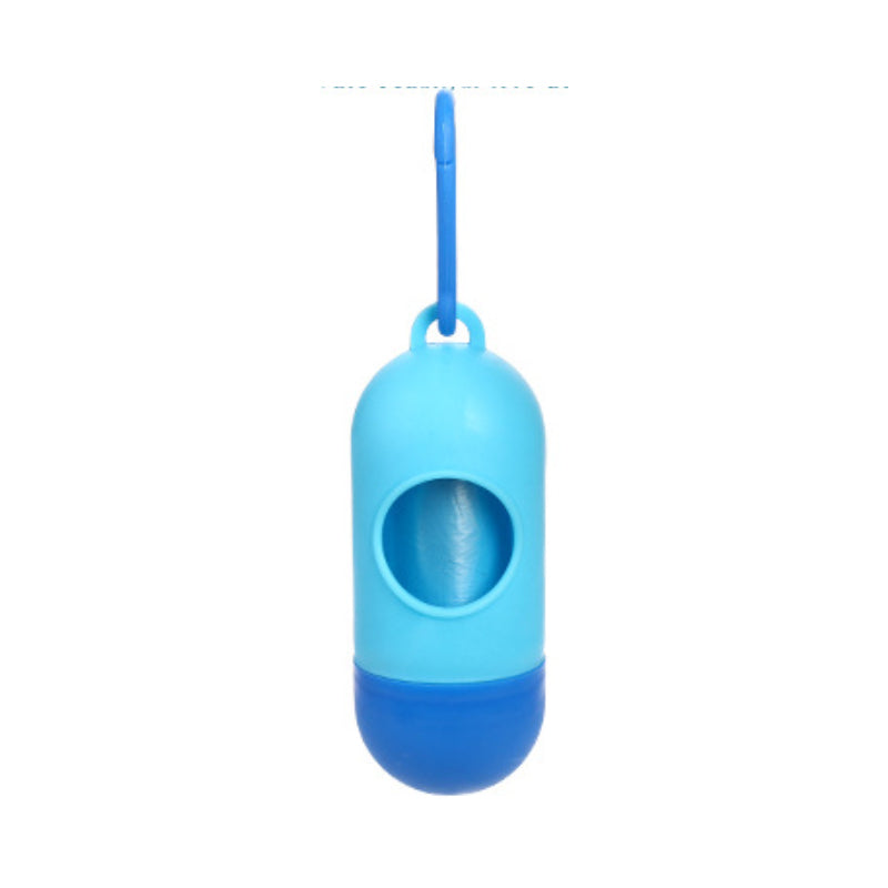 Light blue pet waste bag dispenser holder with strap and circular bag opening