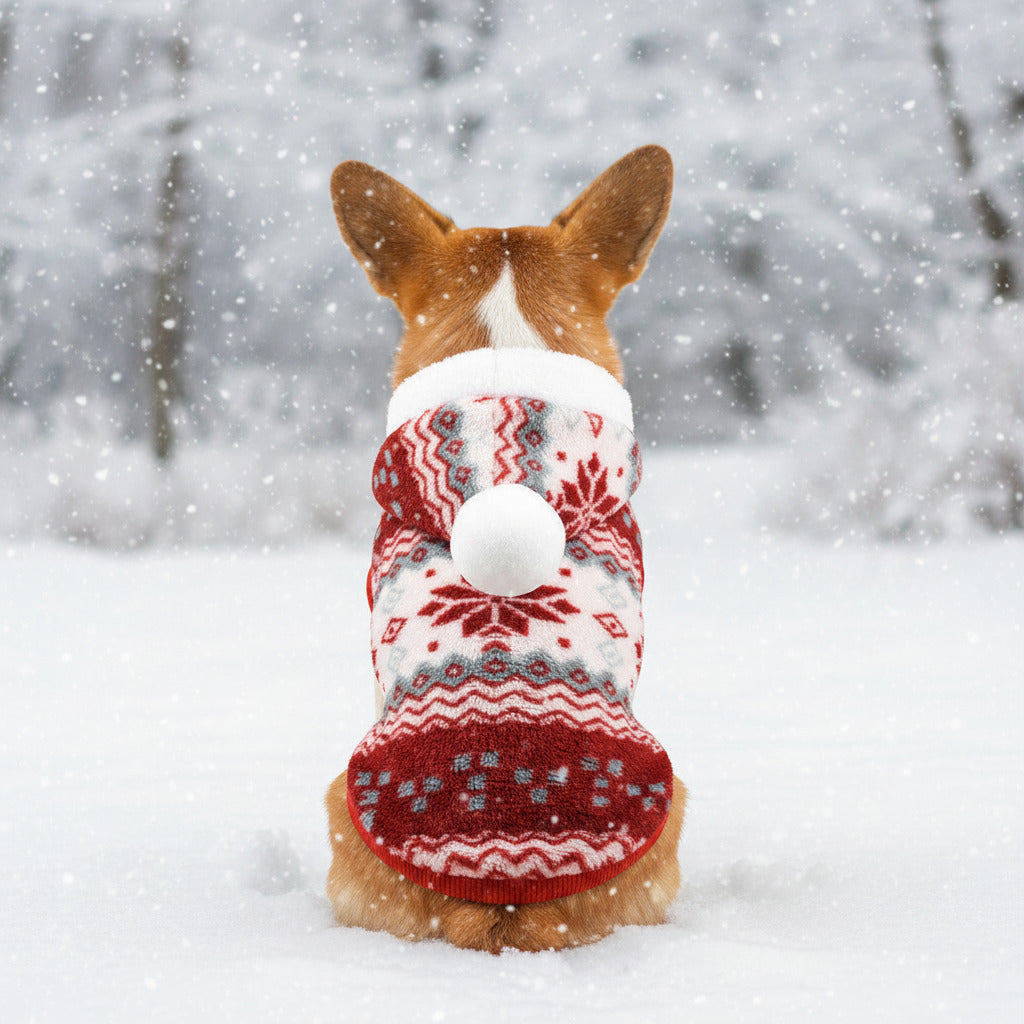 Pet sweater with hood, white and red fair isle knit, pom ball, four-leg design