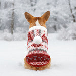 Pet sweater with hood, white and red fair isle knit, pom ball, four-leg design