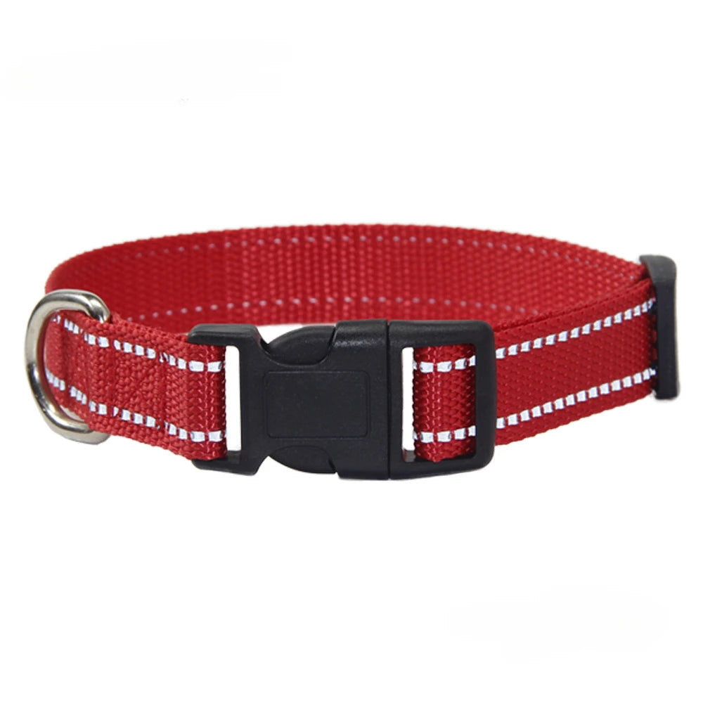 Red woven dog collar with black buckle and metal D-ring