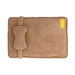 Coffee-brown plush pet sofa bed with attached bone-shaped bolster cushion detail