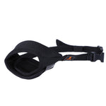 Black adjustable pet muzzle mask with mesh guard and buckle strap