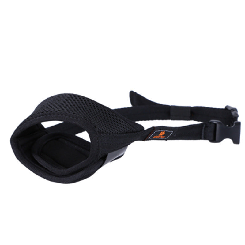 Black adjustable pet muzzle mask with mesh guard and buckle strap