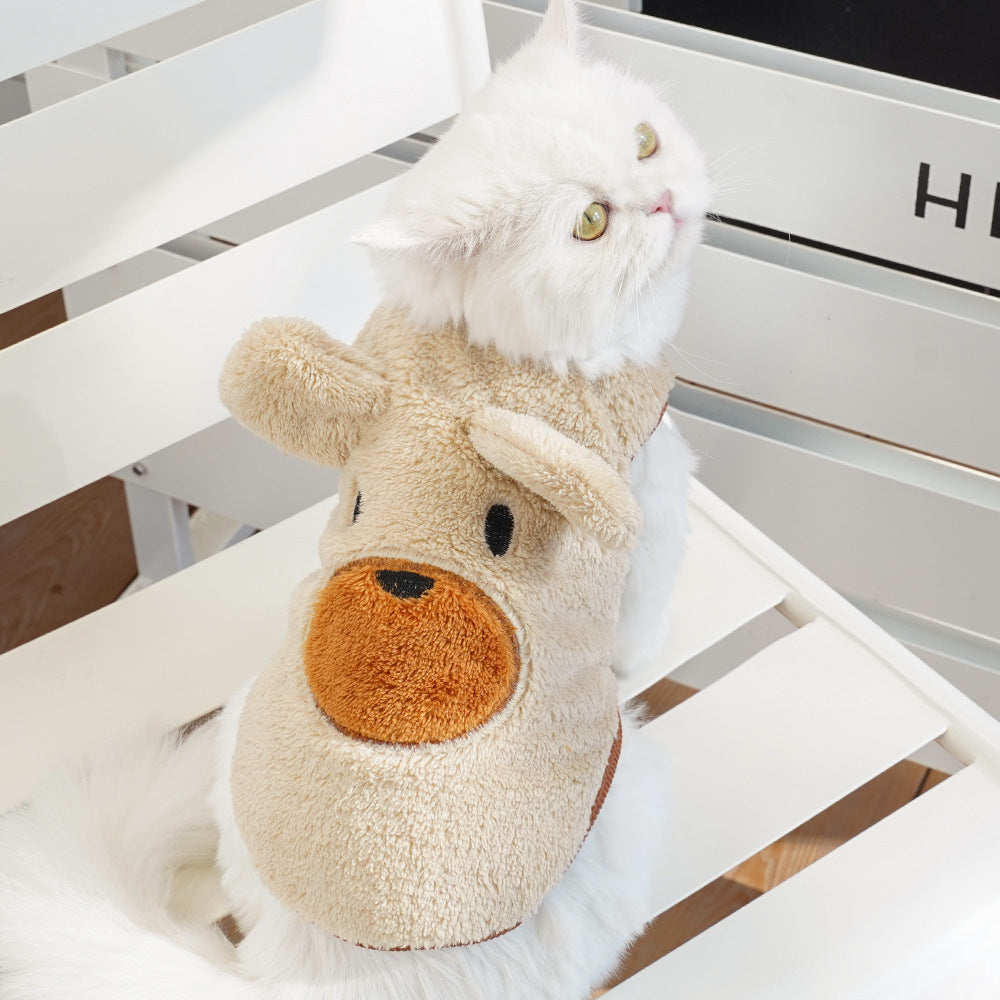 Bear ears fleece-lined dog sweater, puppy beige on pet with bear nose and eyes