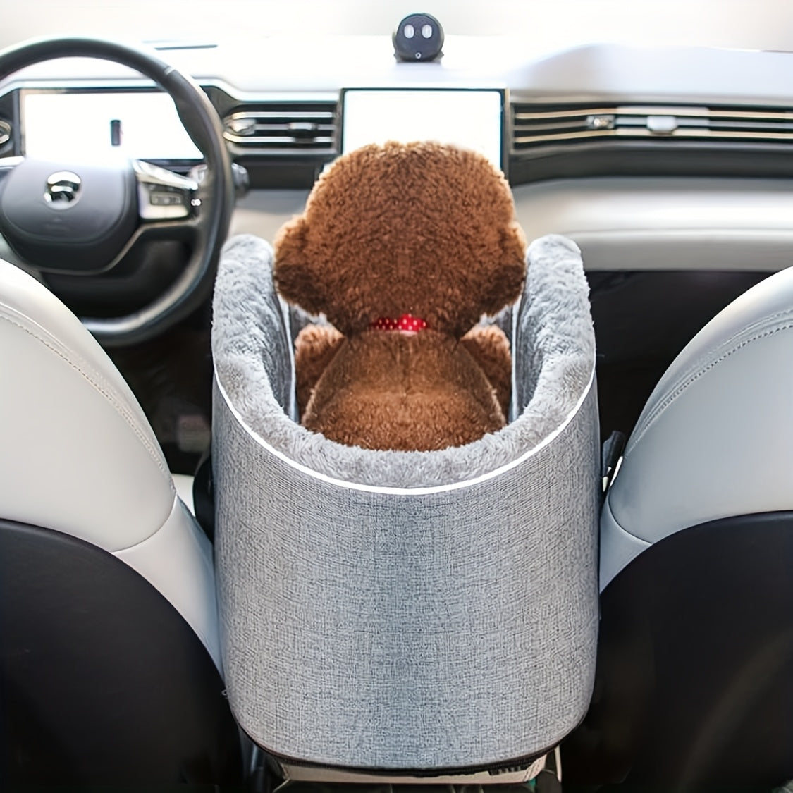 Grey pet car seat with plush inner cushion and padded rim for small dogs