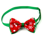 Red Christmas bow tie for pets with green band and white snowflake and dot prints