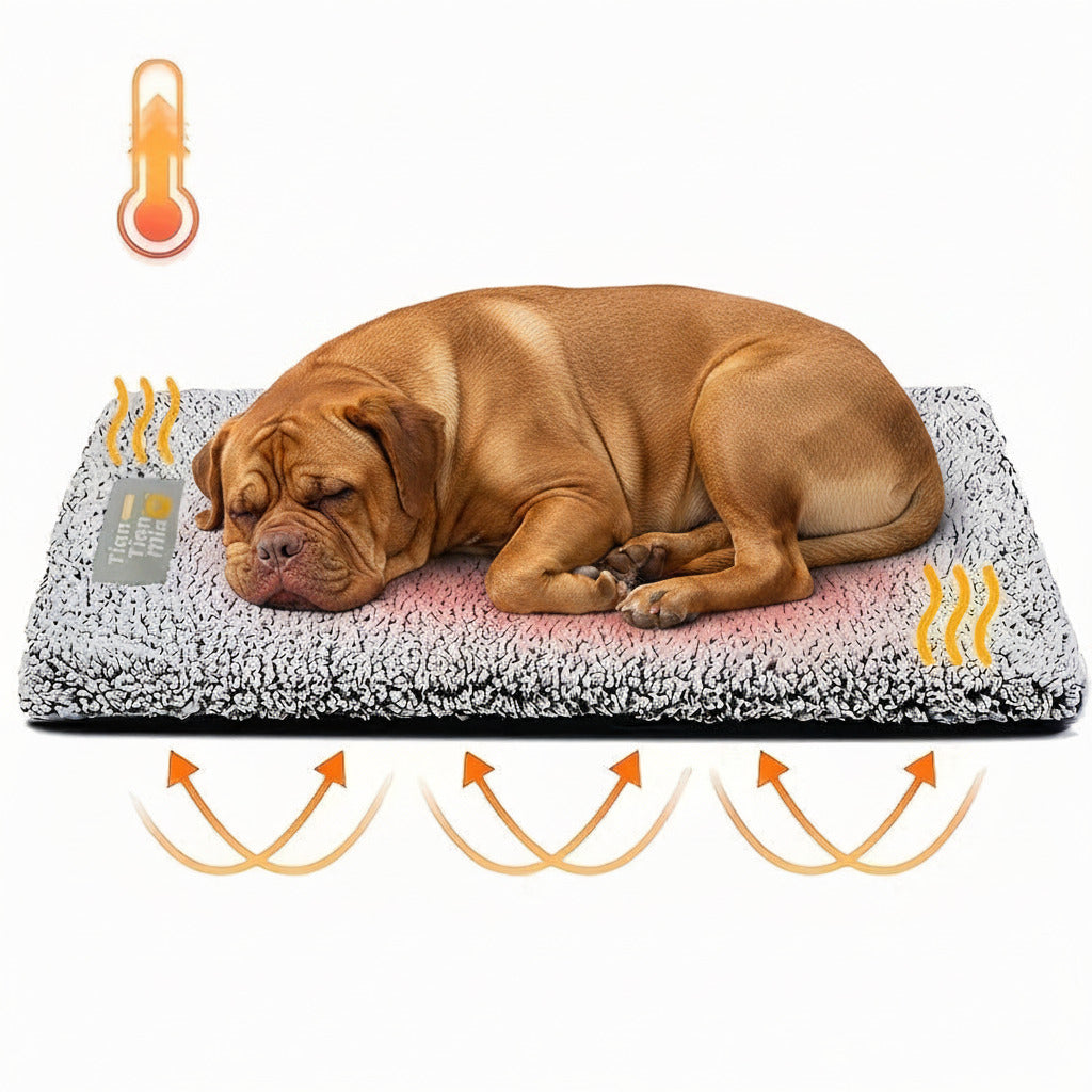 Brown dog sleeping on gray plush pet mattress with textured non-slip bottom