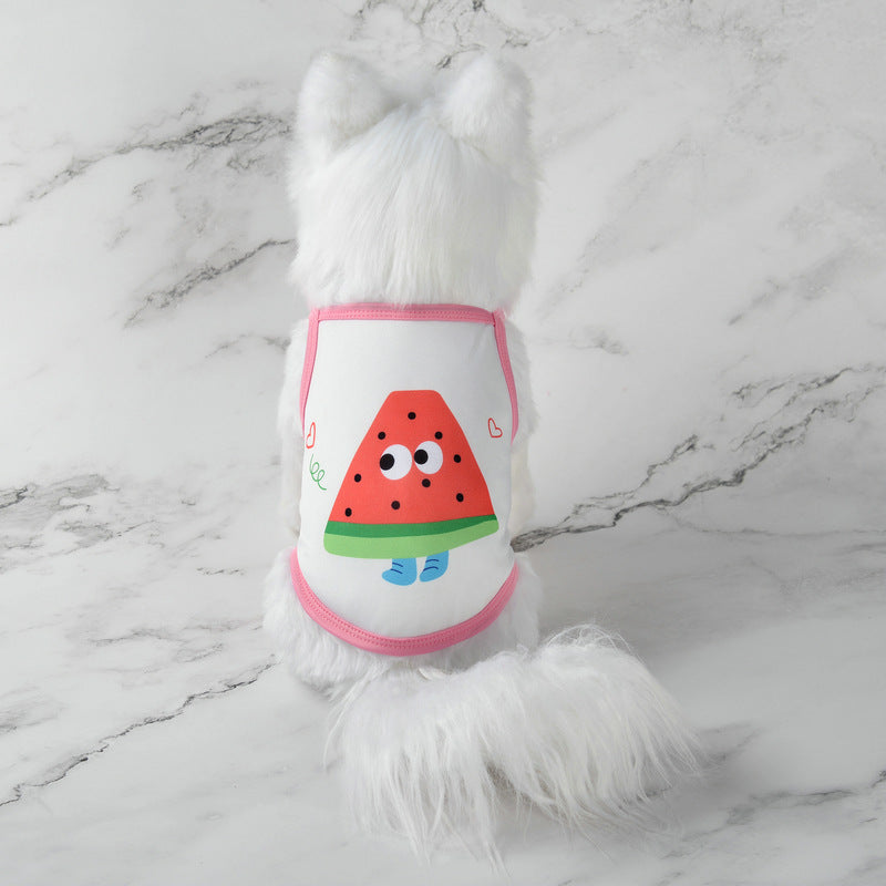 Cute pet tank top with white fur and pink trim, watermelon cartoon face graphic on front.