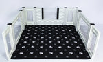 Windowed room add-on insert with white frame and black paw-print mat
