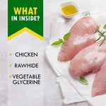Chicken and rawhide dog chew ingredients shown on product label panel