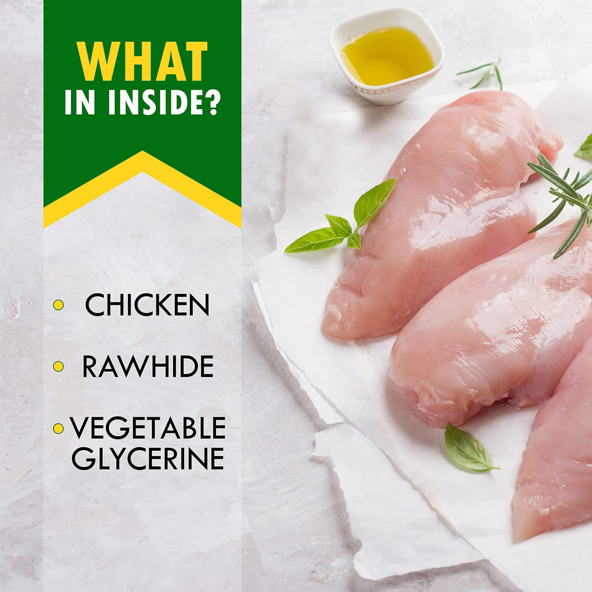 Chicken and rawhide ingredients for dog chew, with raw chicken pieces on a tray