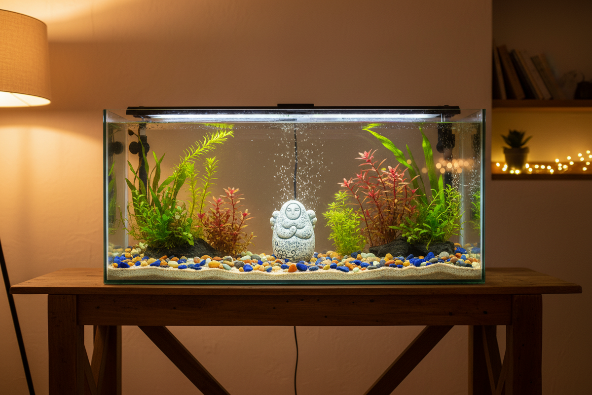 Speckled gray stone guardian ornament in fish tank, hands clasped