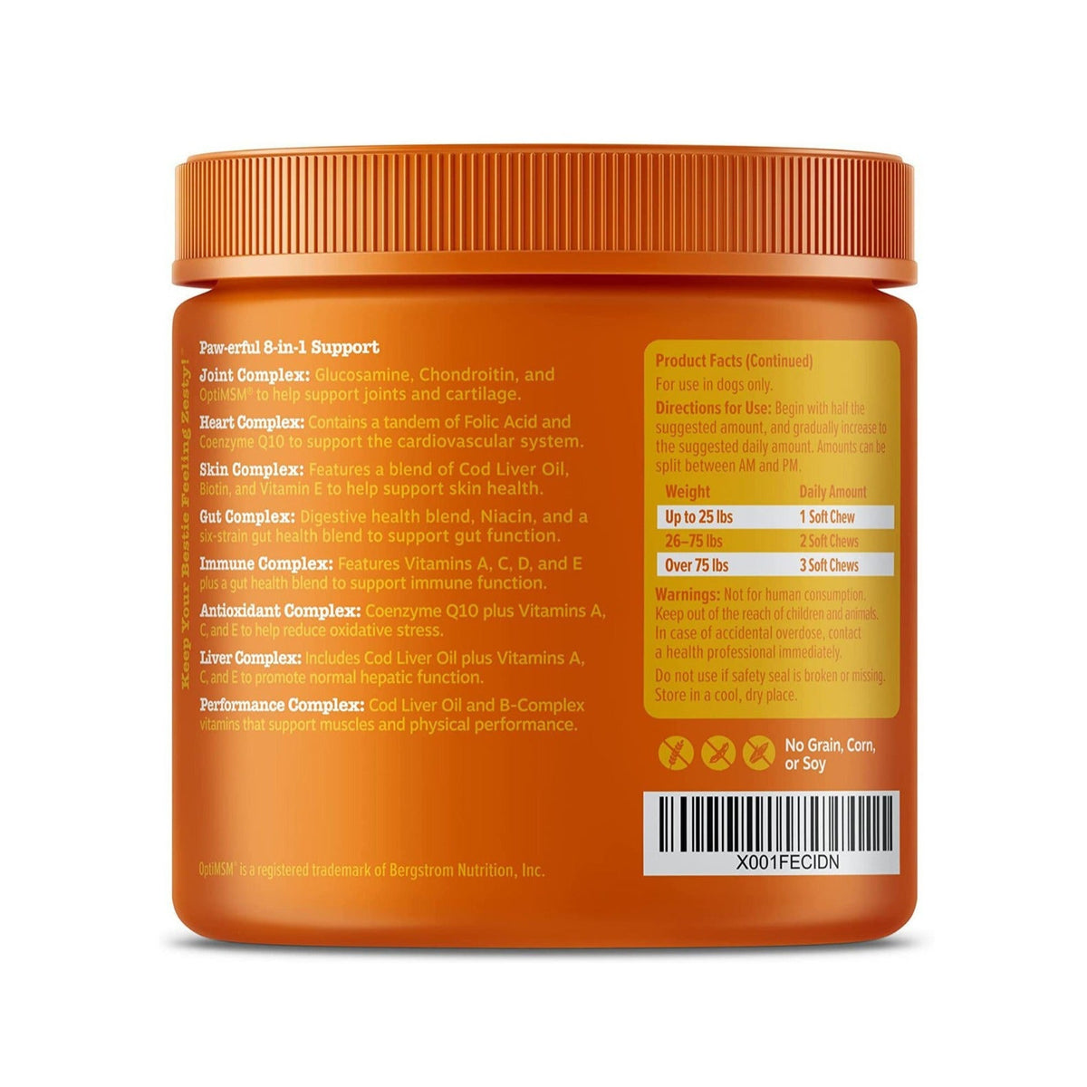 Orange dog vitamin supplement jar back panel with supplement facts and barcode