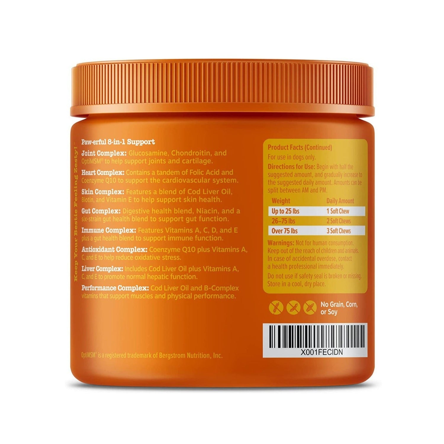 Orange dog vitamin supplement jar back panel with supplement facts and barcode
