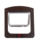 White two-way pet door installed in a wall with clear flap and red lock