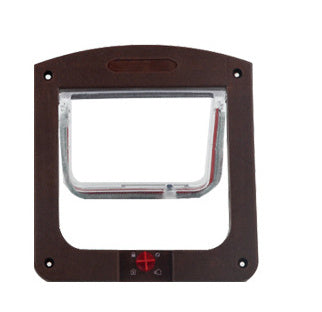 White two-way pet door installed in a wall with clear flap and red lock