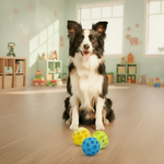 Bite-resistant kauwbal voor honden in blauw, geel en groen, met noppenstructuur