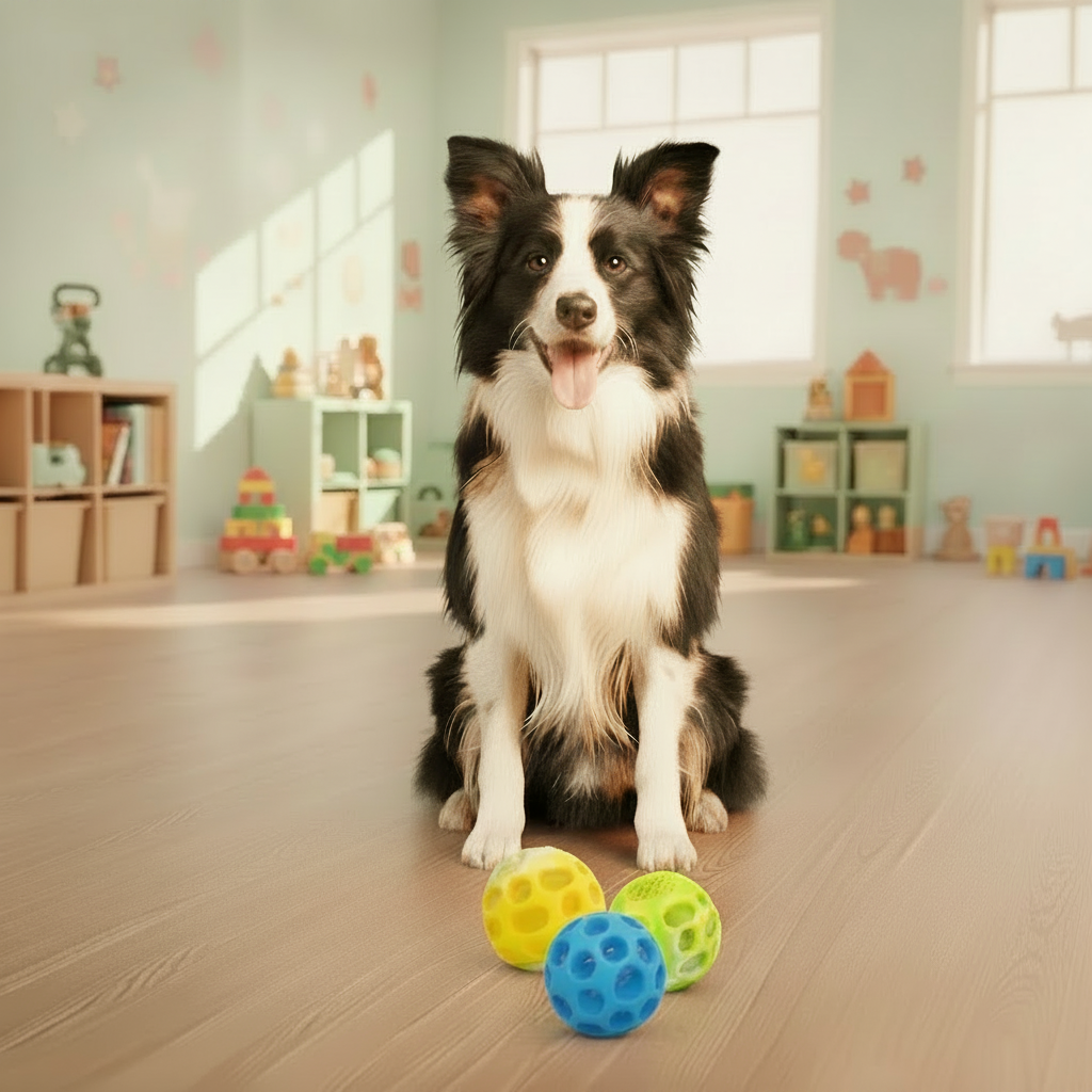 Bite-resistant kauwbal voor honden in blauw, geel en groen, met noppenstructuur