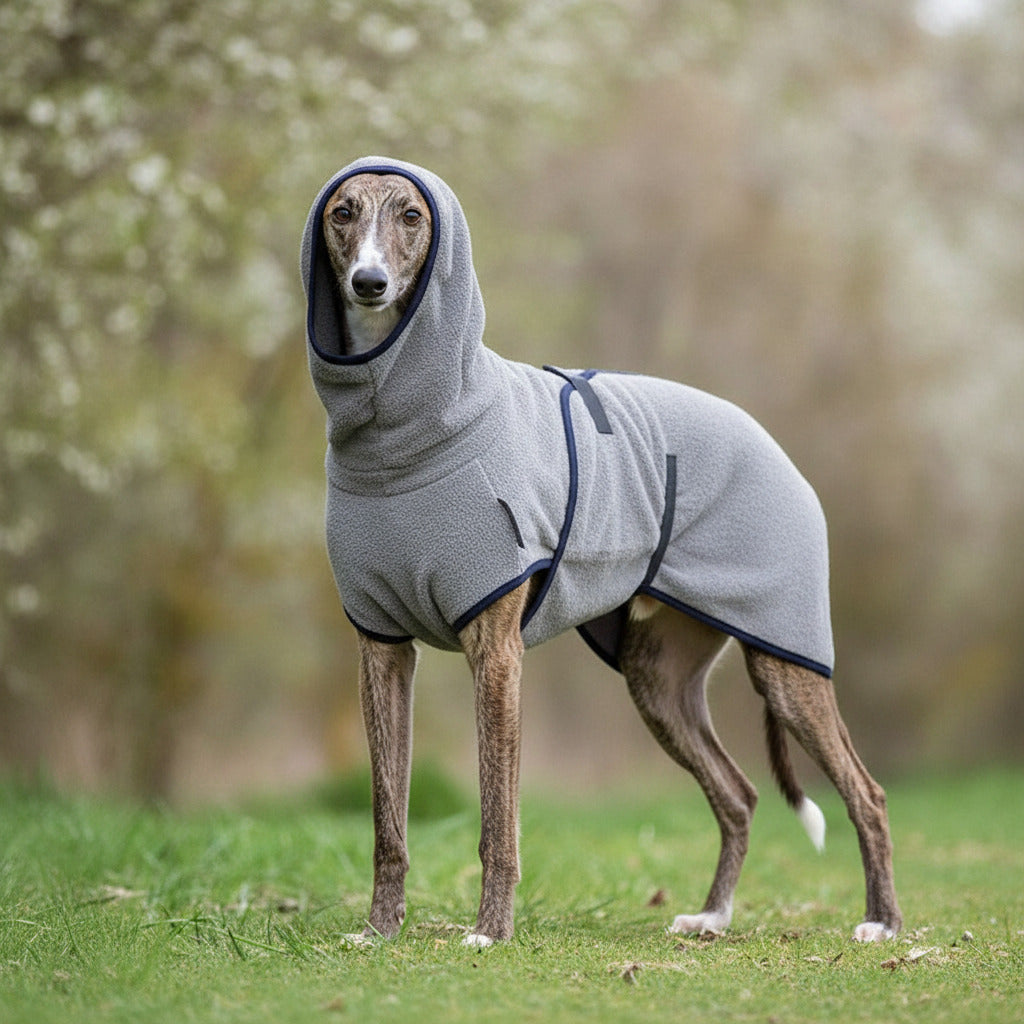Pet polar fleece hoodie sweater in light grey, with hood and front pocket detail