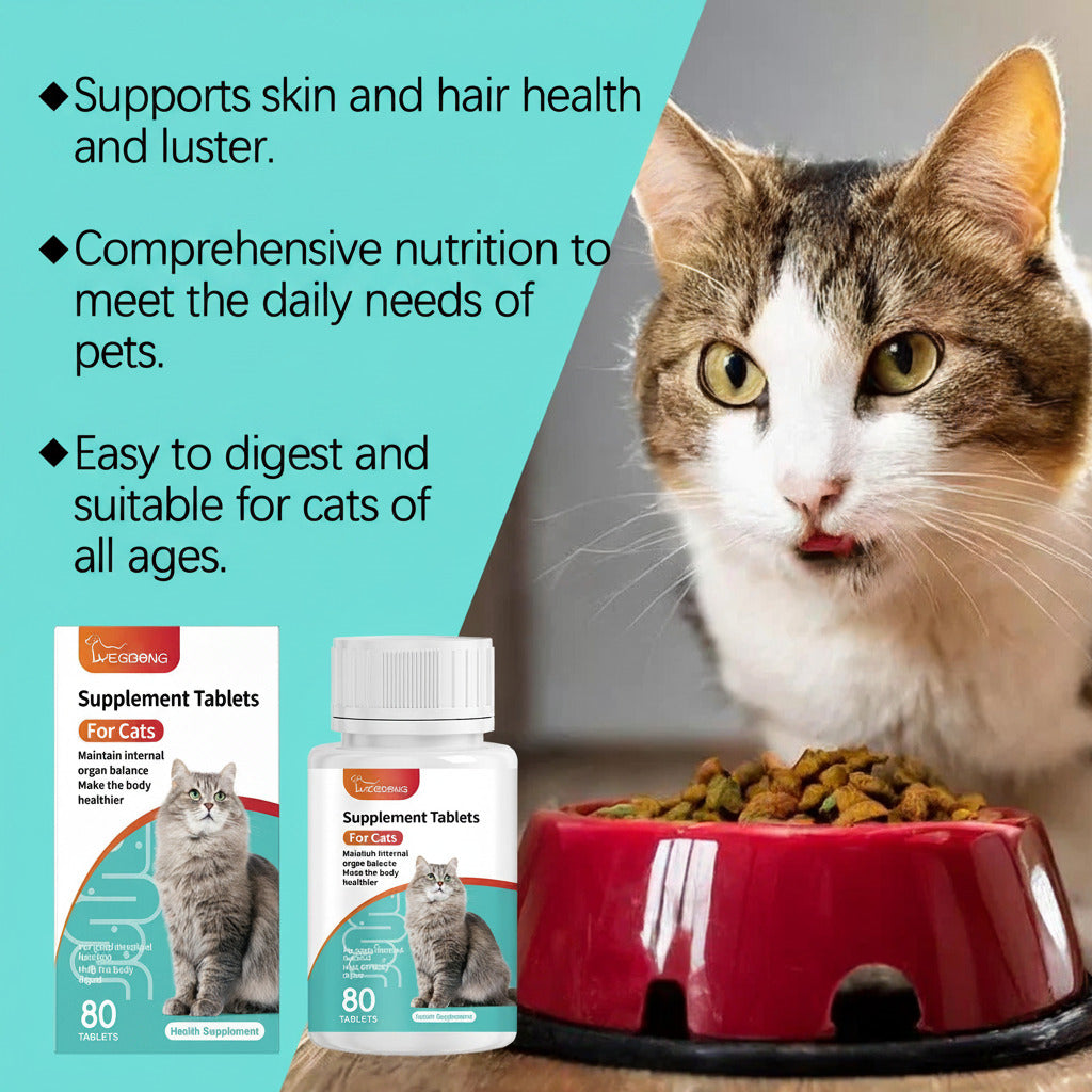 Cat supplement tablets info panel with tabby cat face plus small bottle and box