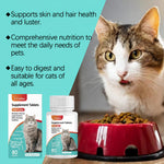 Cat supplement tablets info panel with tabby cat face plus small bottle and box