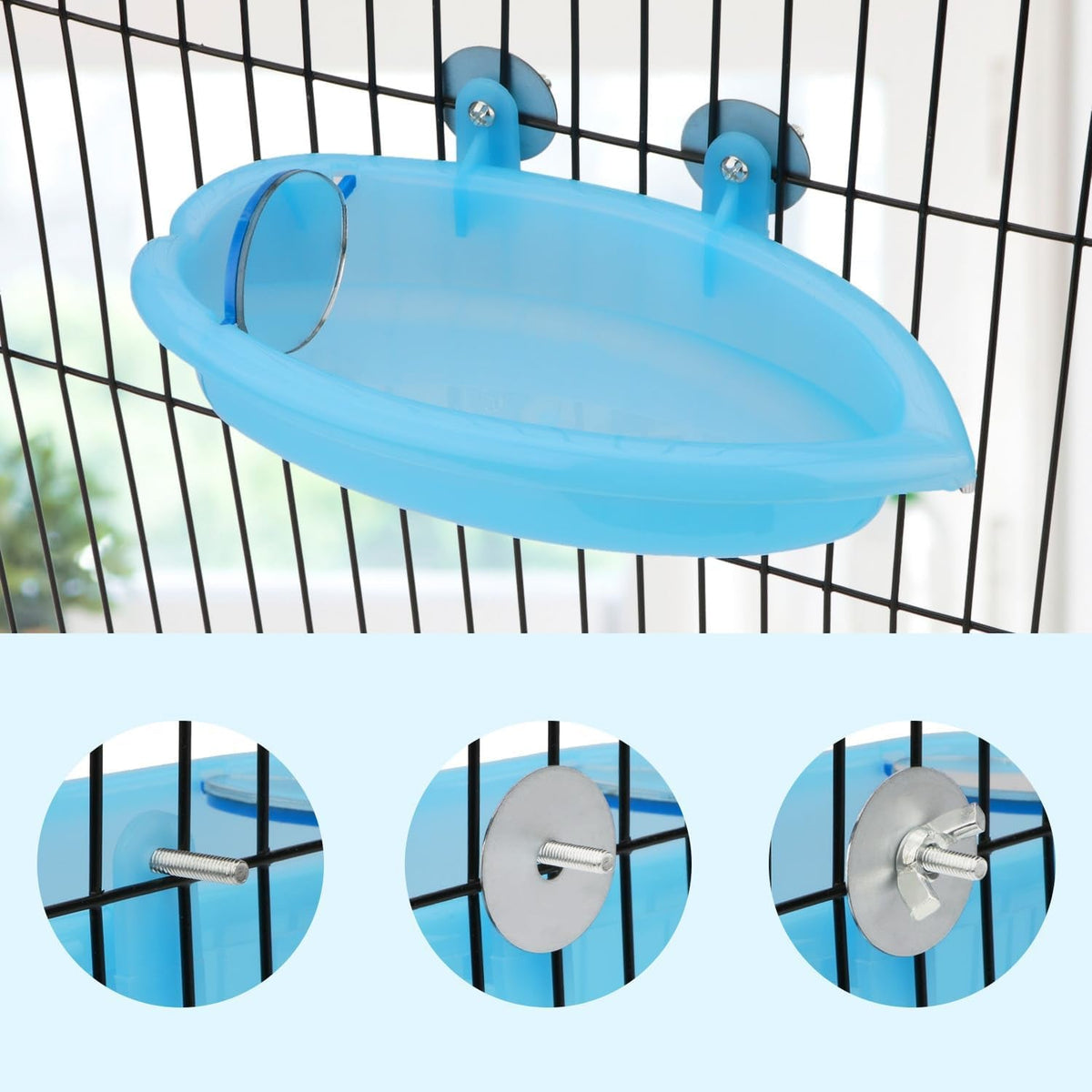 Blue bird bath with round mirror mounted on cage bars and hook hardware closeups