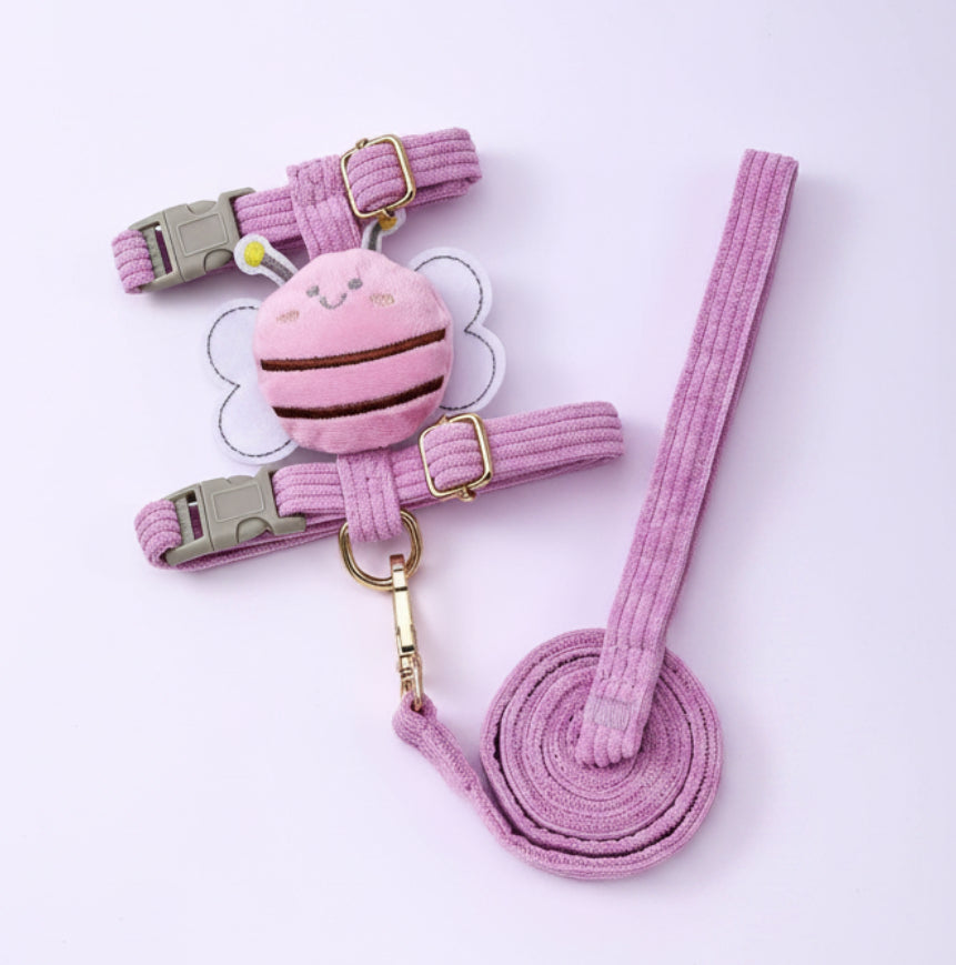 Pink plush traction rope dog harness with animal patch and braided leash strap