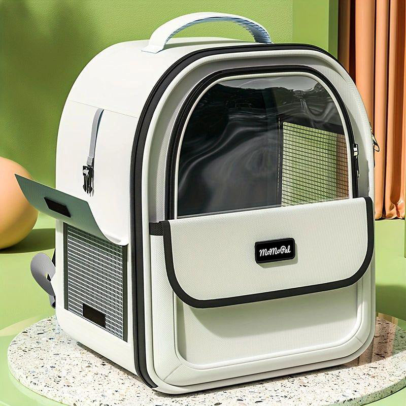 Cat carrier backpack with side-opening door, clear front window, white body and black trim