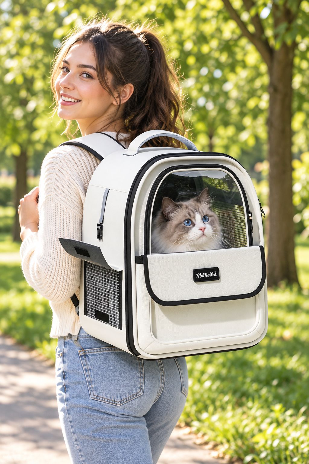 Cat carrier backpack worn by person; tabby cat visible through clear window, white body, black trim