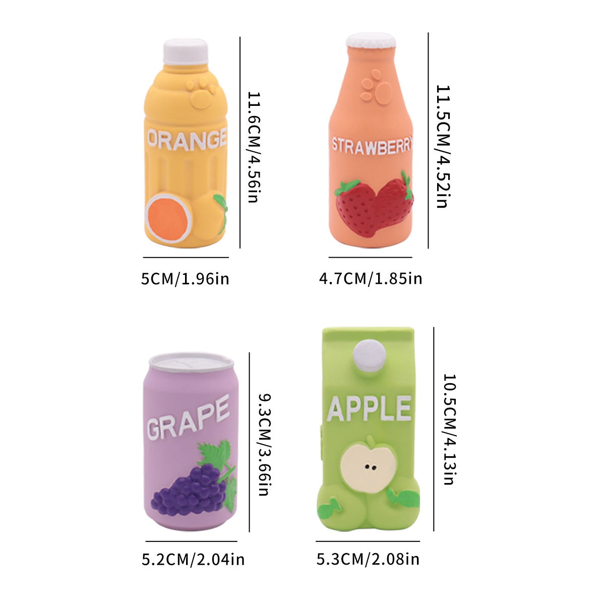 Size chart of orange, strawberry, grape, and apple latex squeaky dog toys with measurements