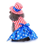 Back-view patriotic dog dress with striped hood, blue bow, and star skirt