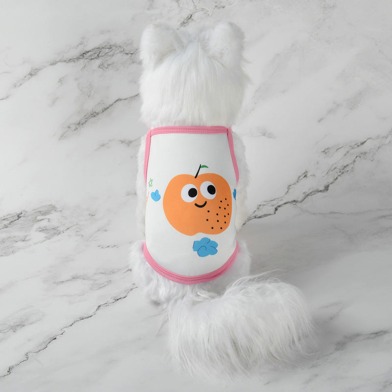 Cute pet tank top with white fur and pink trim, cartoon fruit face graphic on front.