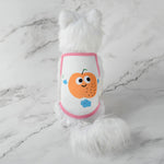 Cute pet tank top with white fur and pink trim, cartoon fruit face graphic on front.