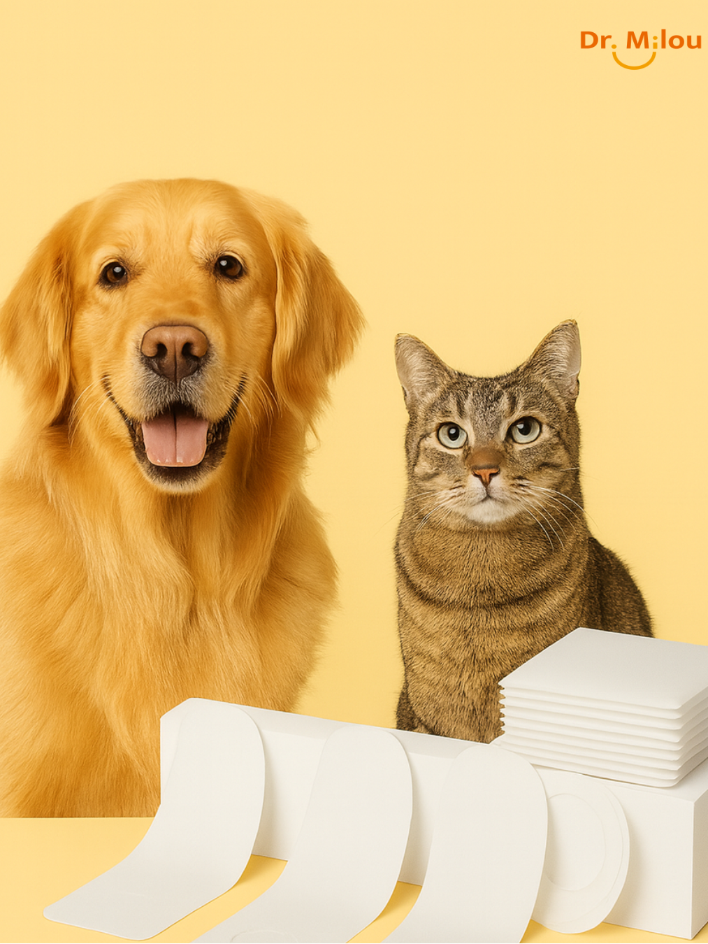 Dog and cat beside stacked pet dental wipes
