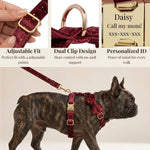 Burgundy velvet dog collar and bowtie set with adjustable straps, gold buckles, ID plate