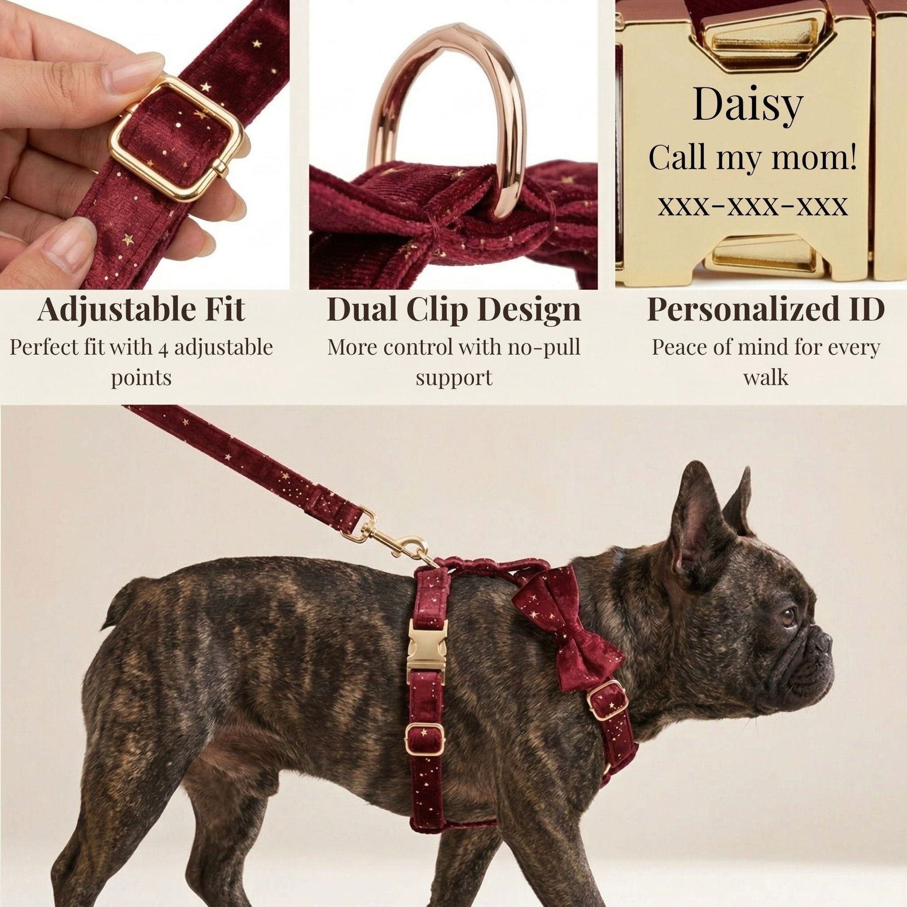Burgundy velvet dog collar and bowtie set with adjustable straps, gold buckles, ID plate