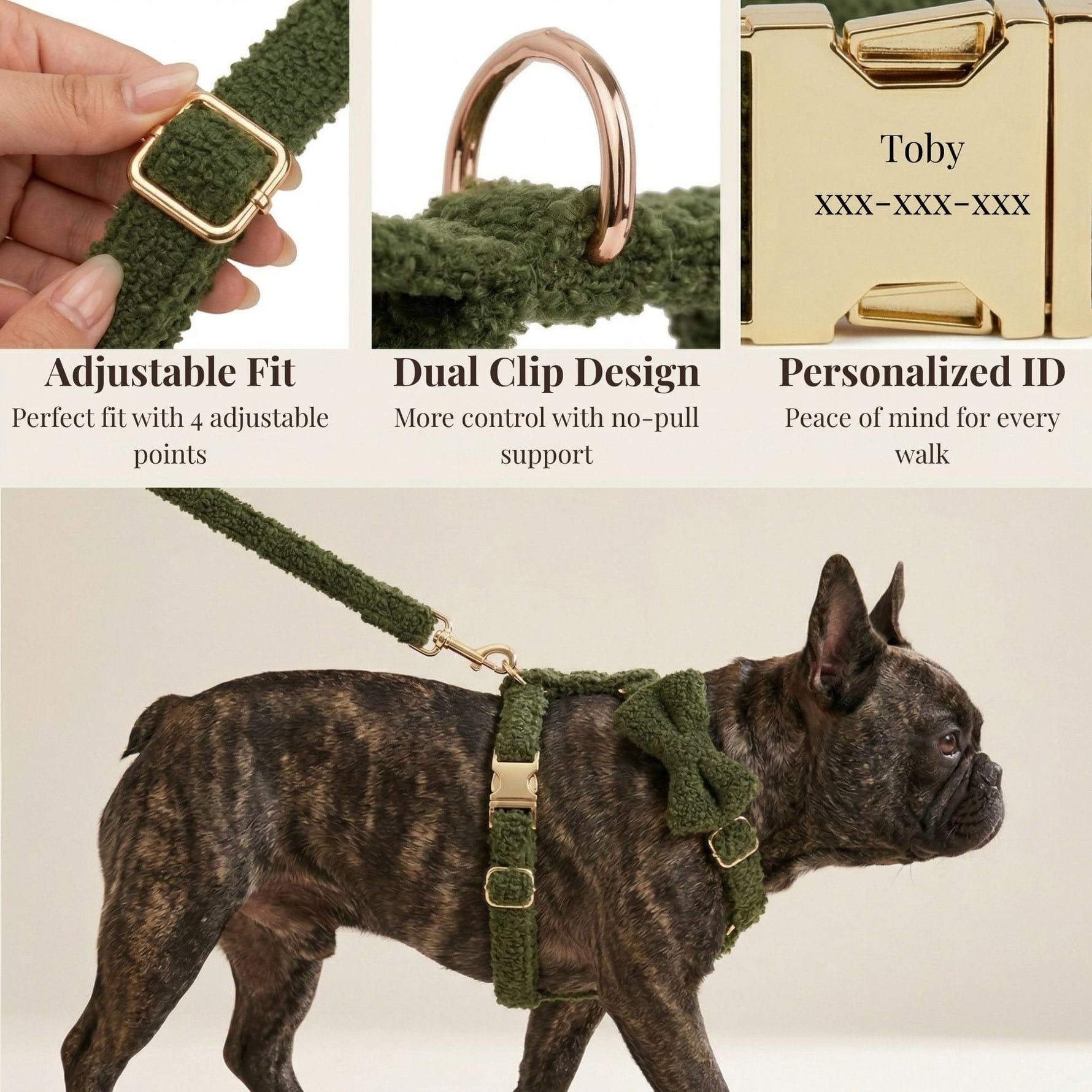 Olive teddy dog harness and leash set with adjustable clips and gold-tone hardware