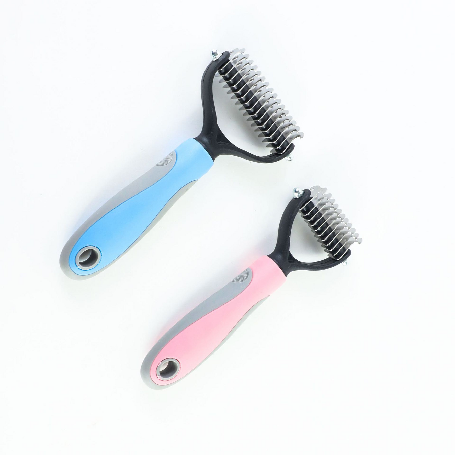 Set of de-shedding pet grooming brushes: blue and pink, stainless pin heads