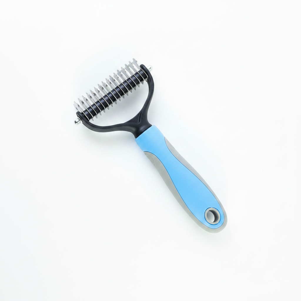 Blue-handled de-shedding pet grooming brush with metal pin head.