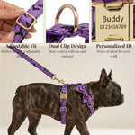 Purple bat-print dog harness with adjustable fit, dual clips, and ID tag