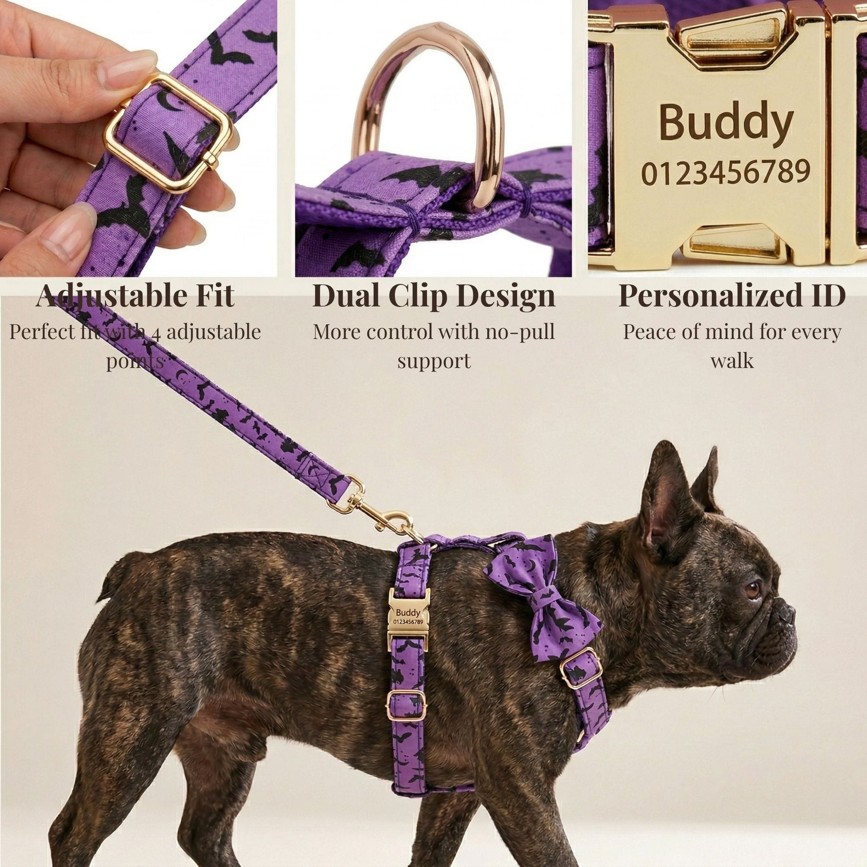 Purple bat-print dog harness with adjustable fit, dual clips, and ID tag
