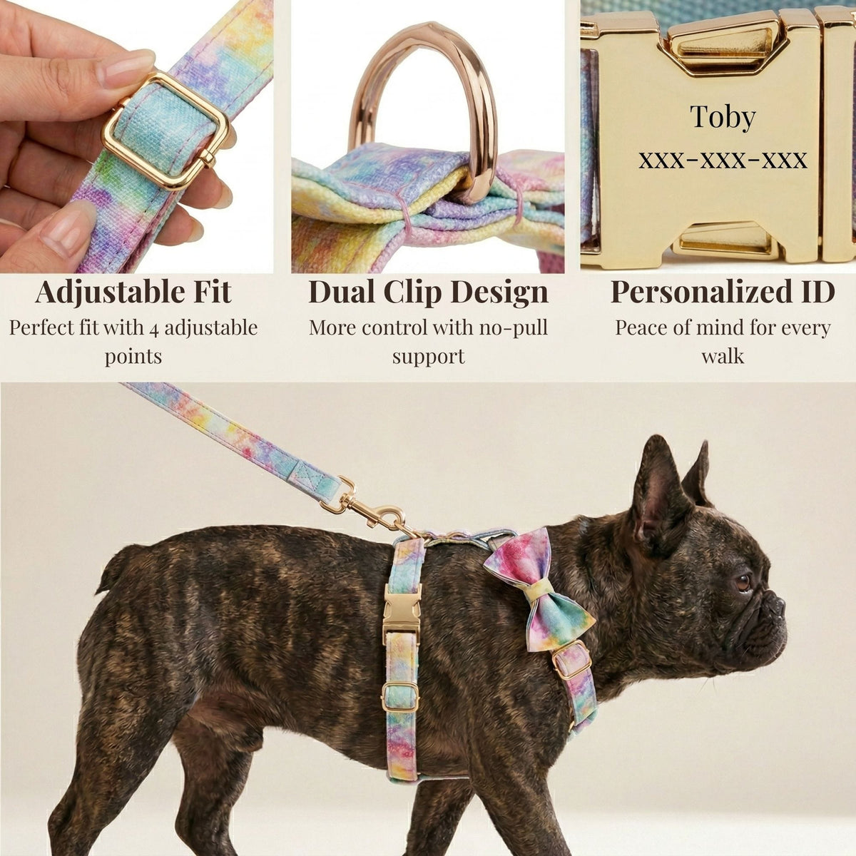 Pet adjustable collar and leash with rainbow watercolor print, clip and metal buckle