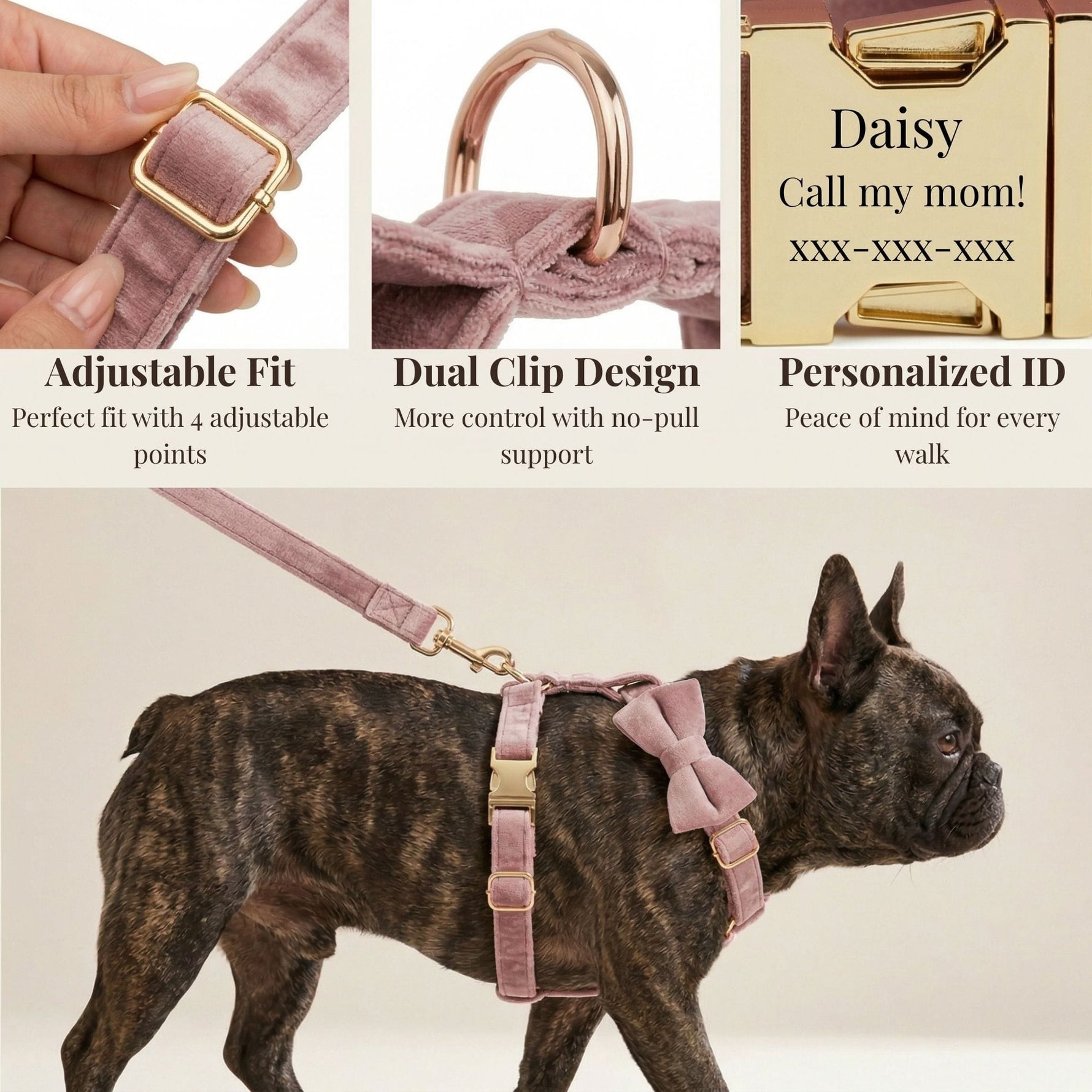 Light purple velvet dog harness with adjustable strap and dual clips for secure fit