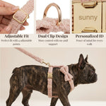 Blush pink teddy dog collar and leash set on a dog, gold hardware and bow