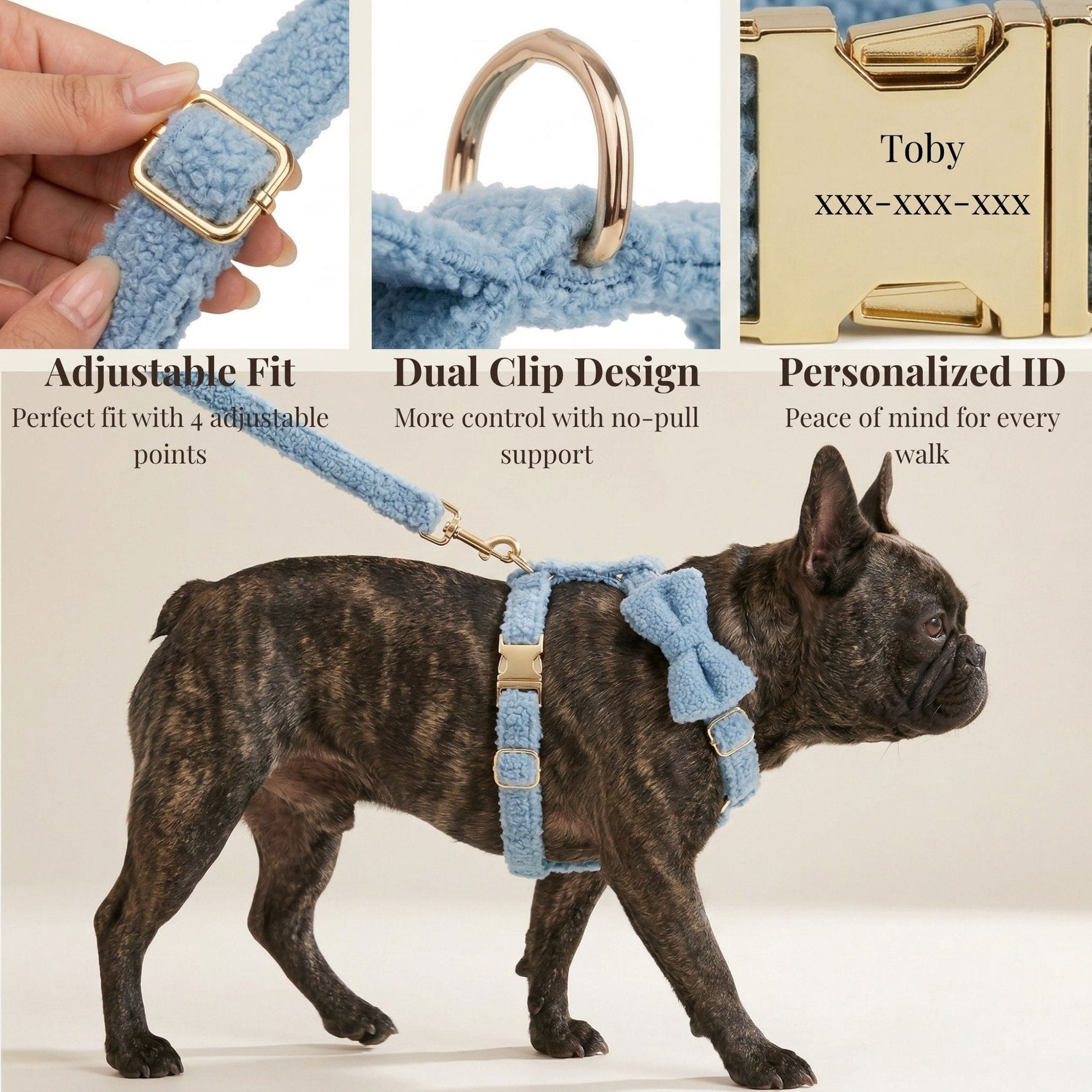Light blue teddy harness with adjustable straps, dual clips, and engraved ID tag