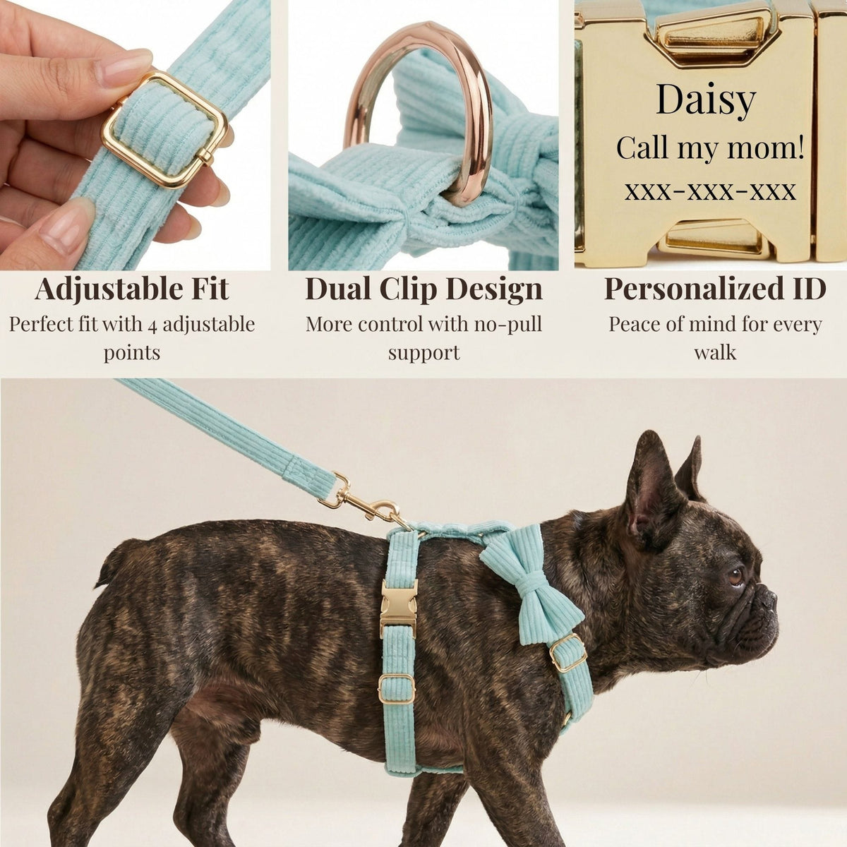 Teal corduroy dog harness with adjustable strap and bowtie, shown on a dog